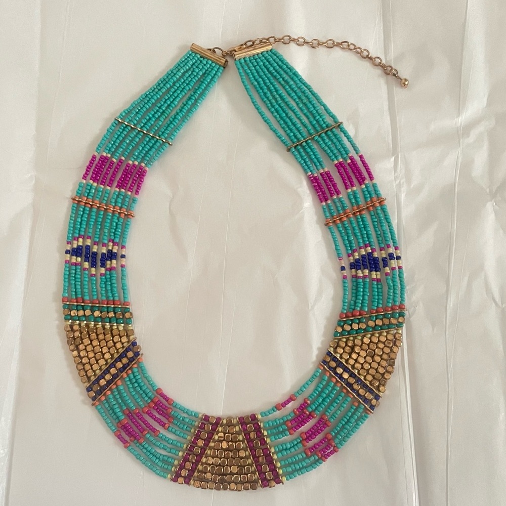 Colorful Seed Bead Necklace Magenta Turquoise Gold Blue Orange Tribal Style - Picture 2 of 5